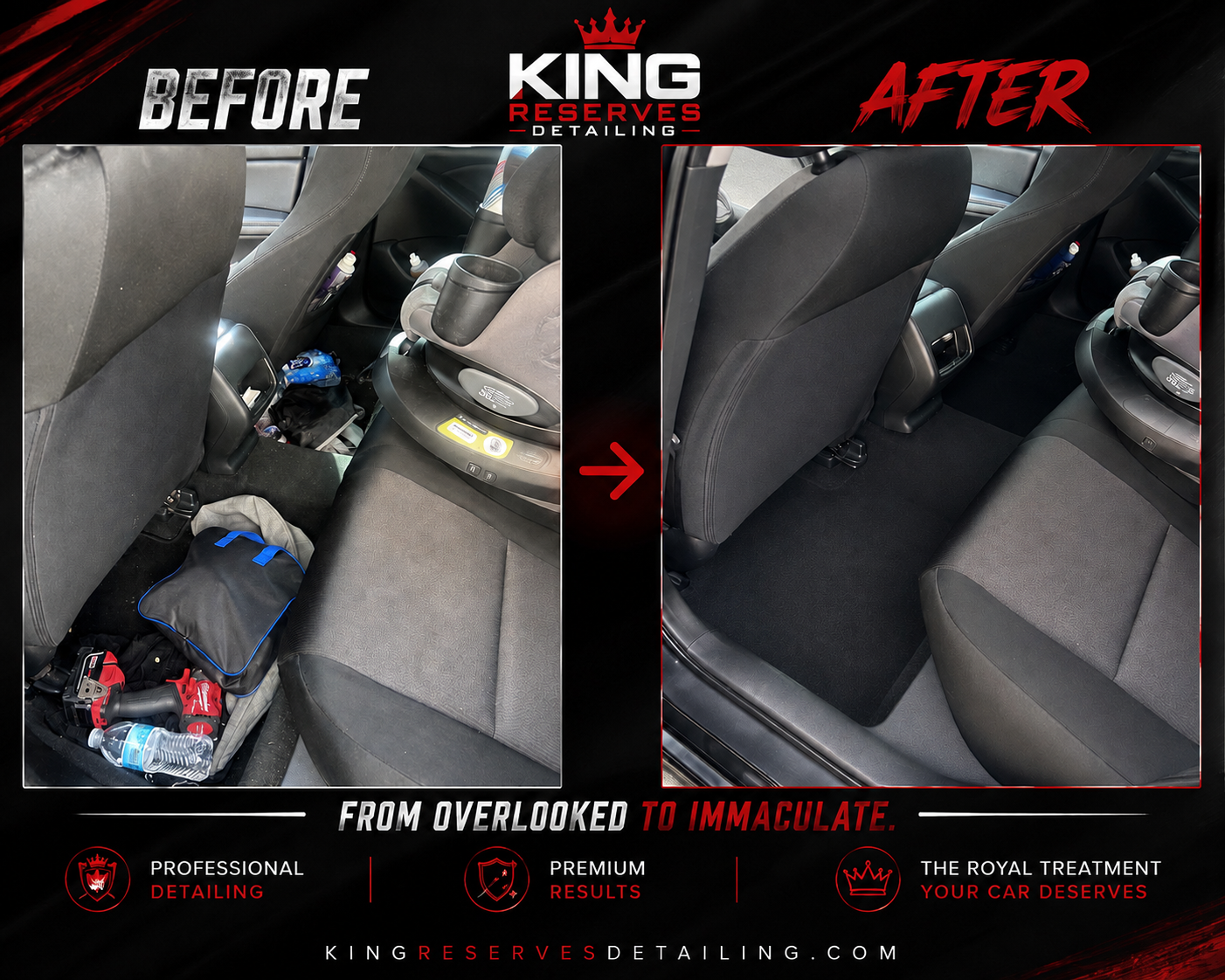 Before and after photos of a car interior detailed by King Reserves Detailing